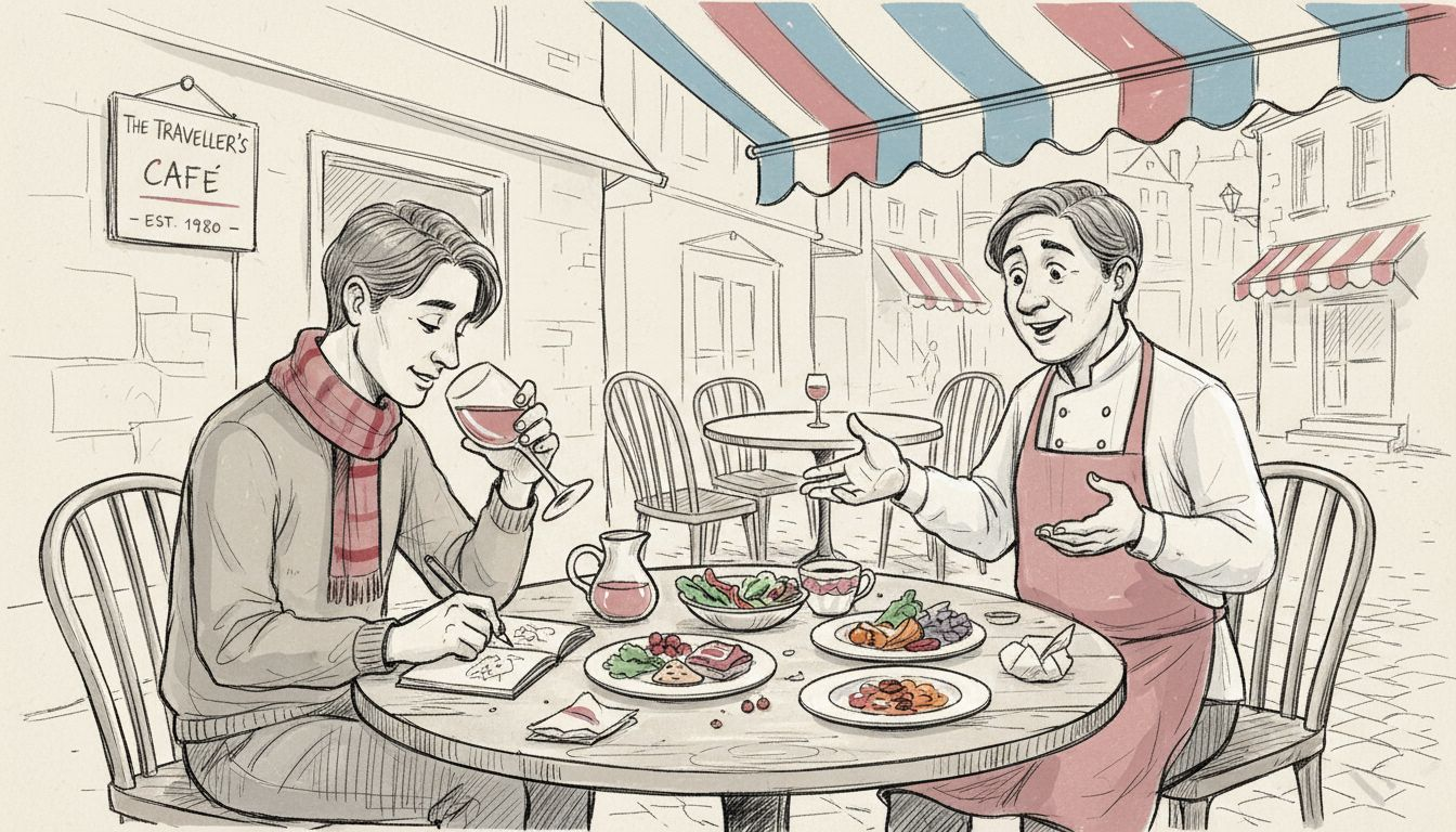 Travelers tasting dishes at local cafe table