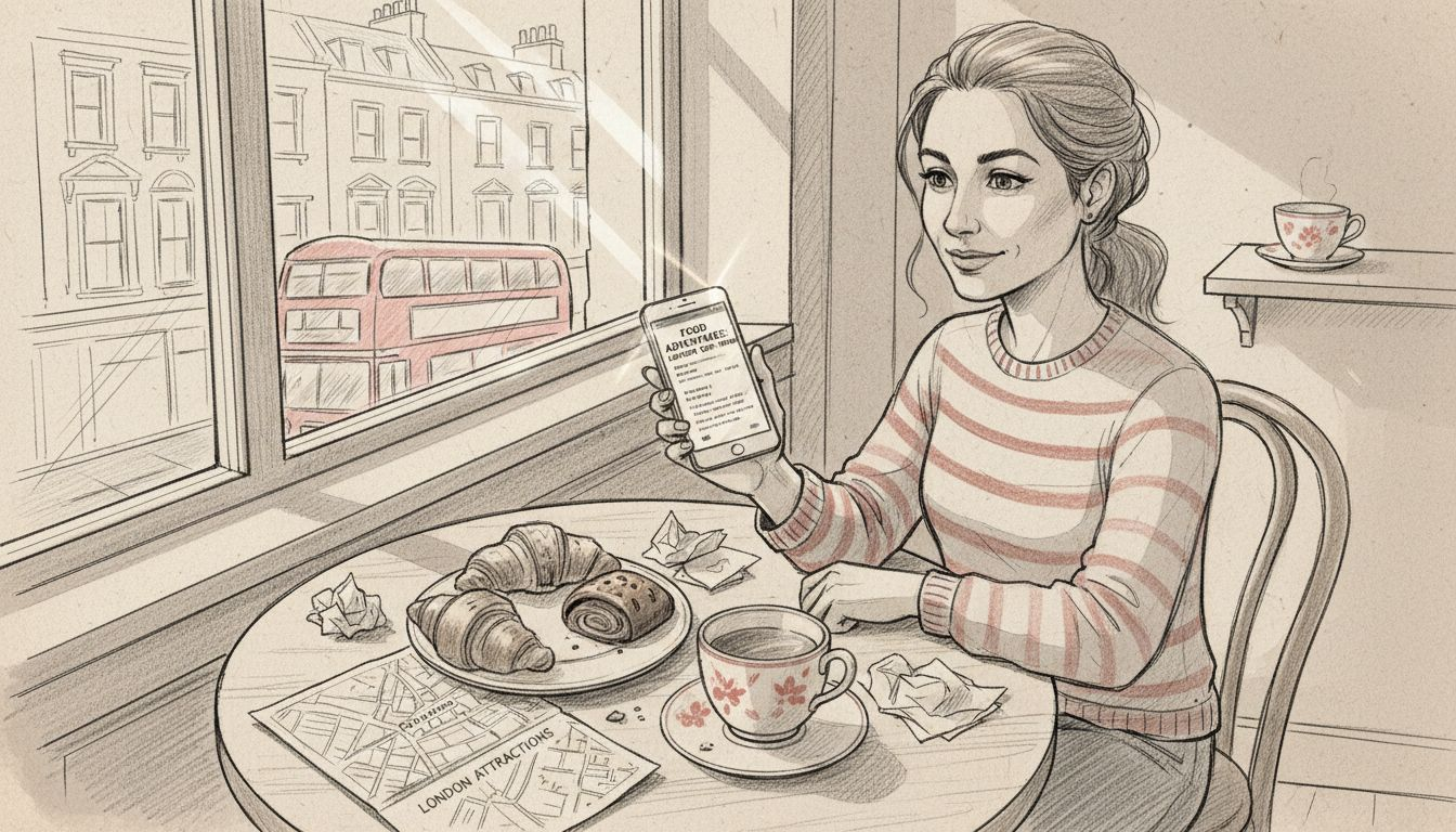 Woman reading food tour reviews in café