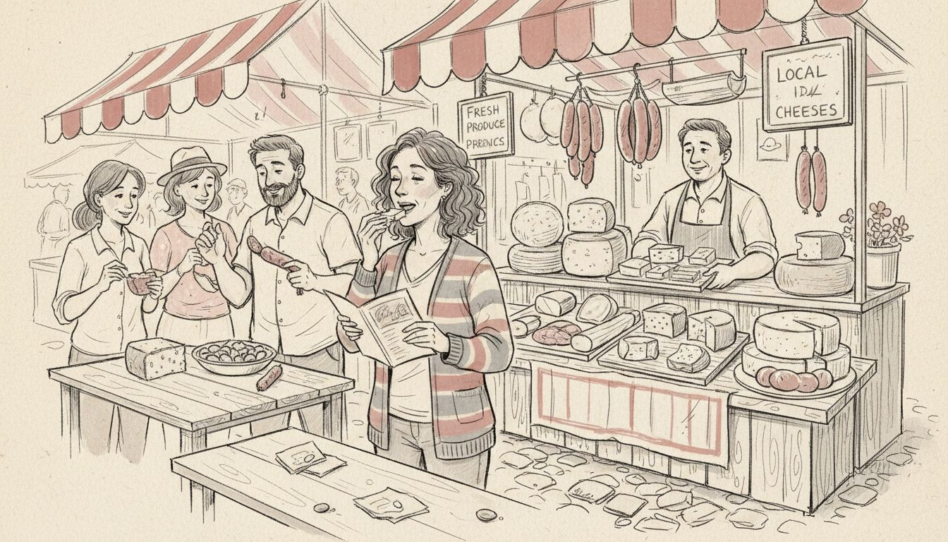 Culinary tourists tasting foods at outdoor market