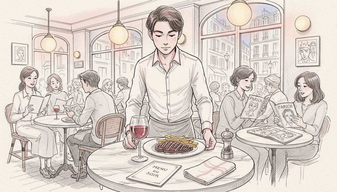 Steak frites served in busy Paris bistro