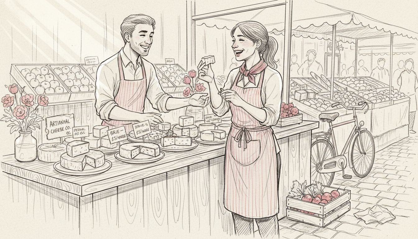 Chef tasting cheese in Paris market with vendor