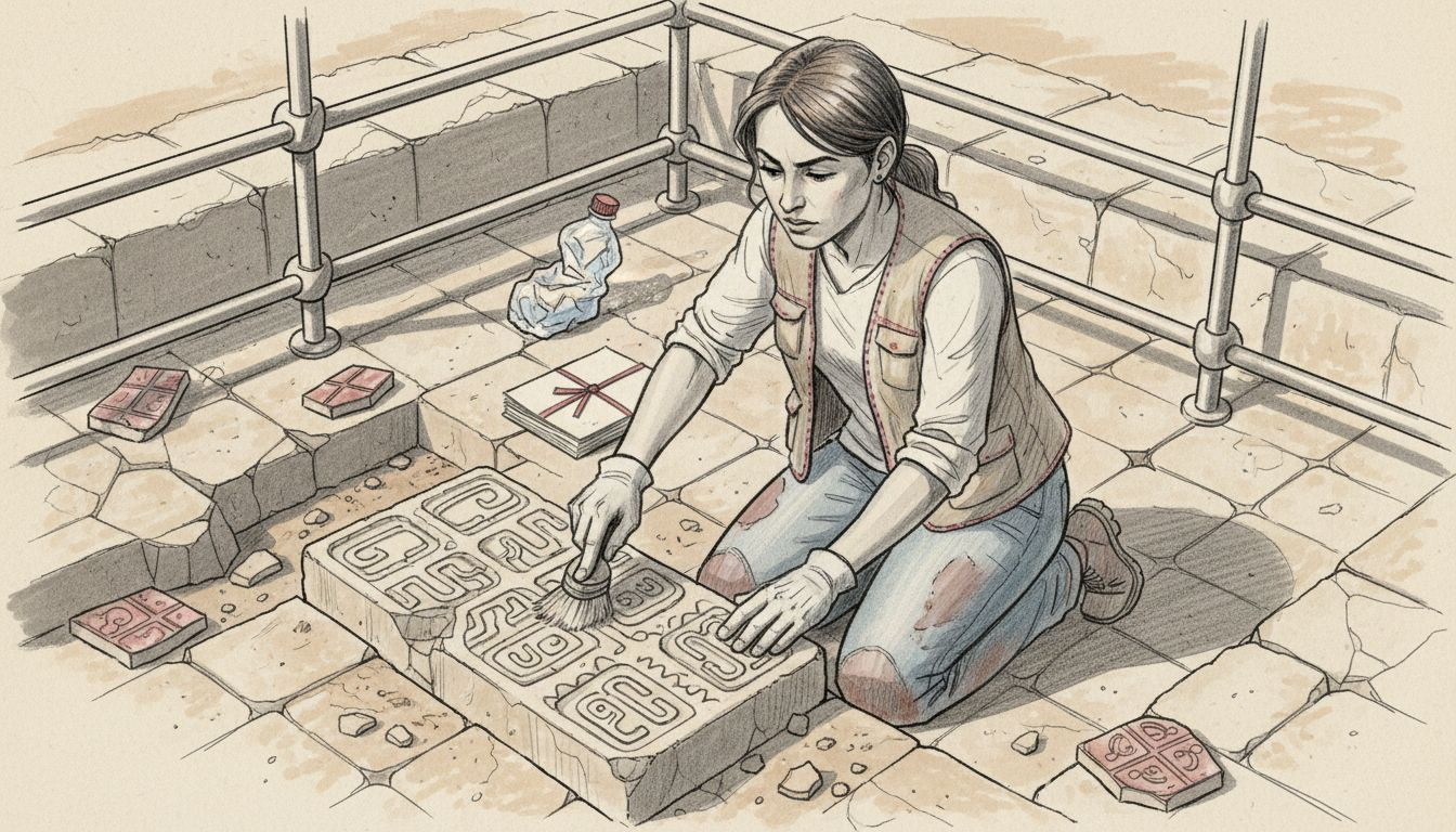 Archaeologist examining Aztec temple remains