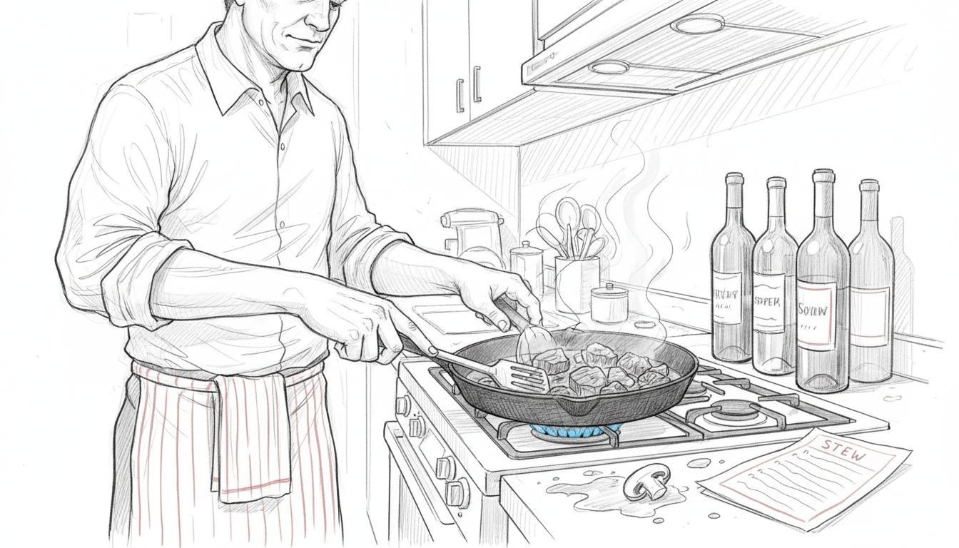 Chef browning beef in cast iron skillet