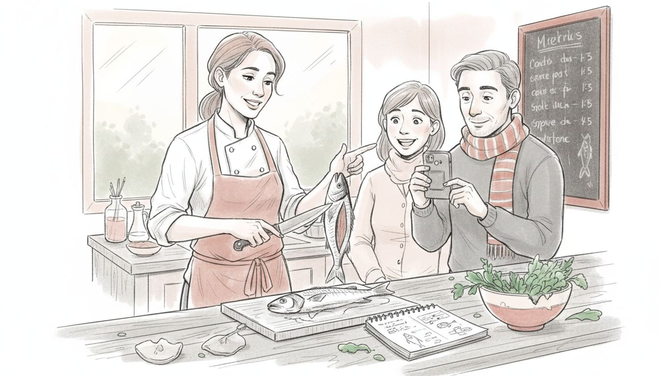 Chef teaching travelers at kitchen counter