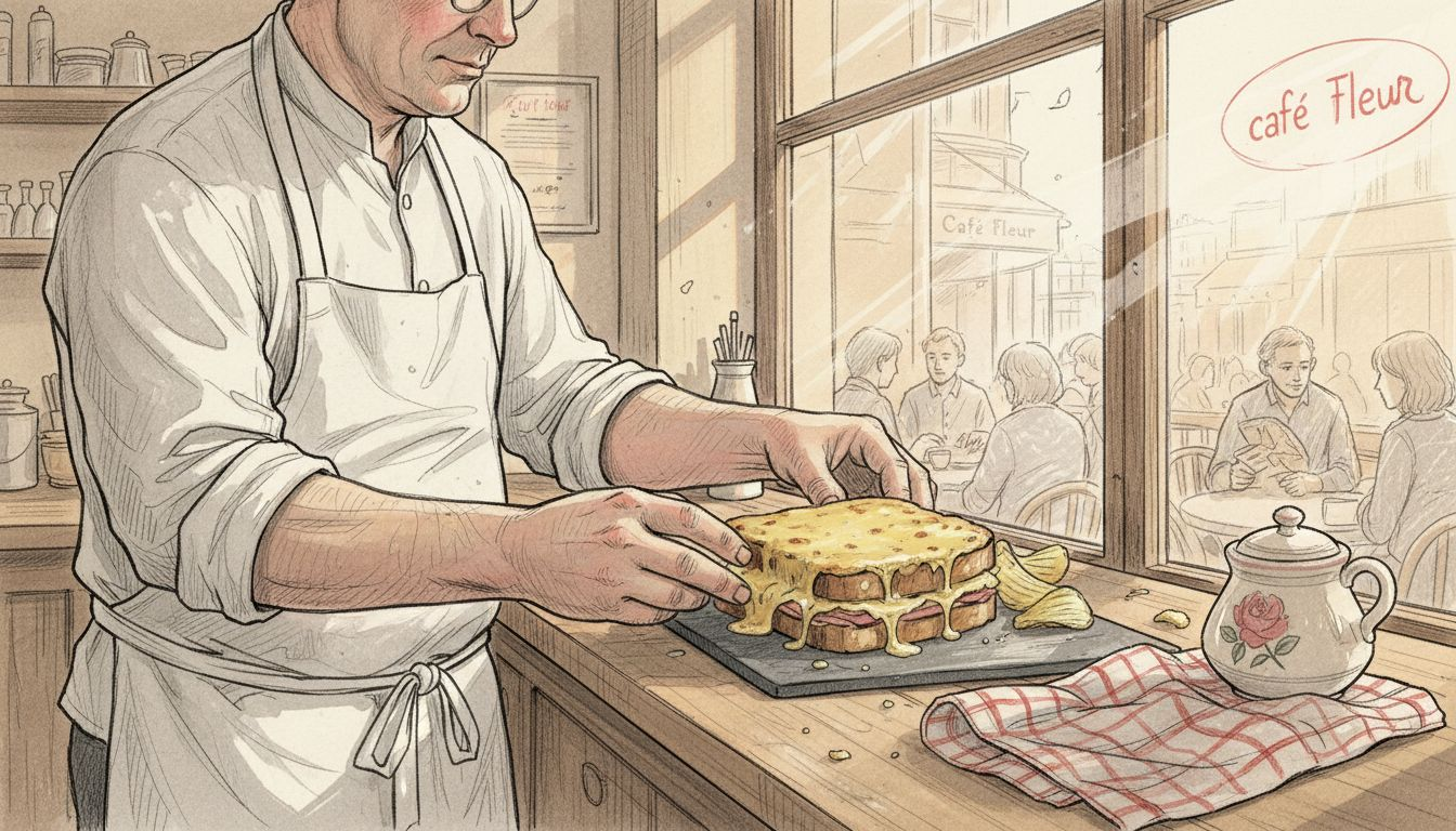 Chef preparing Croque-monsieur in Paris café