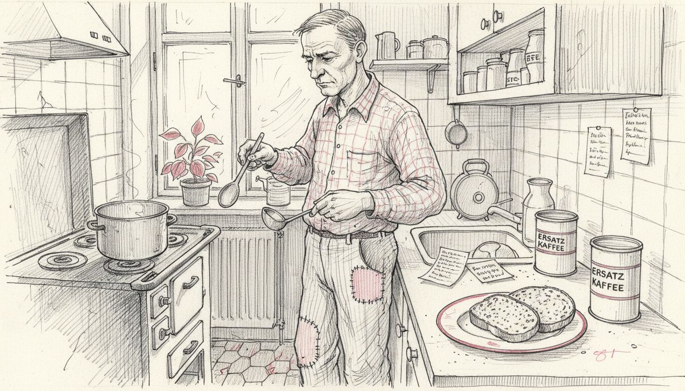 Man improvising meal in Berlin kitchen