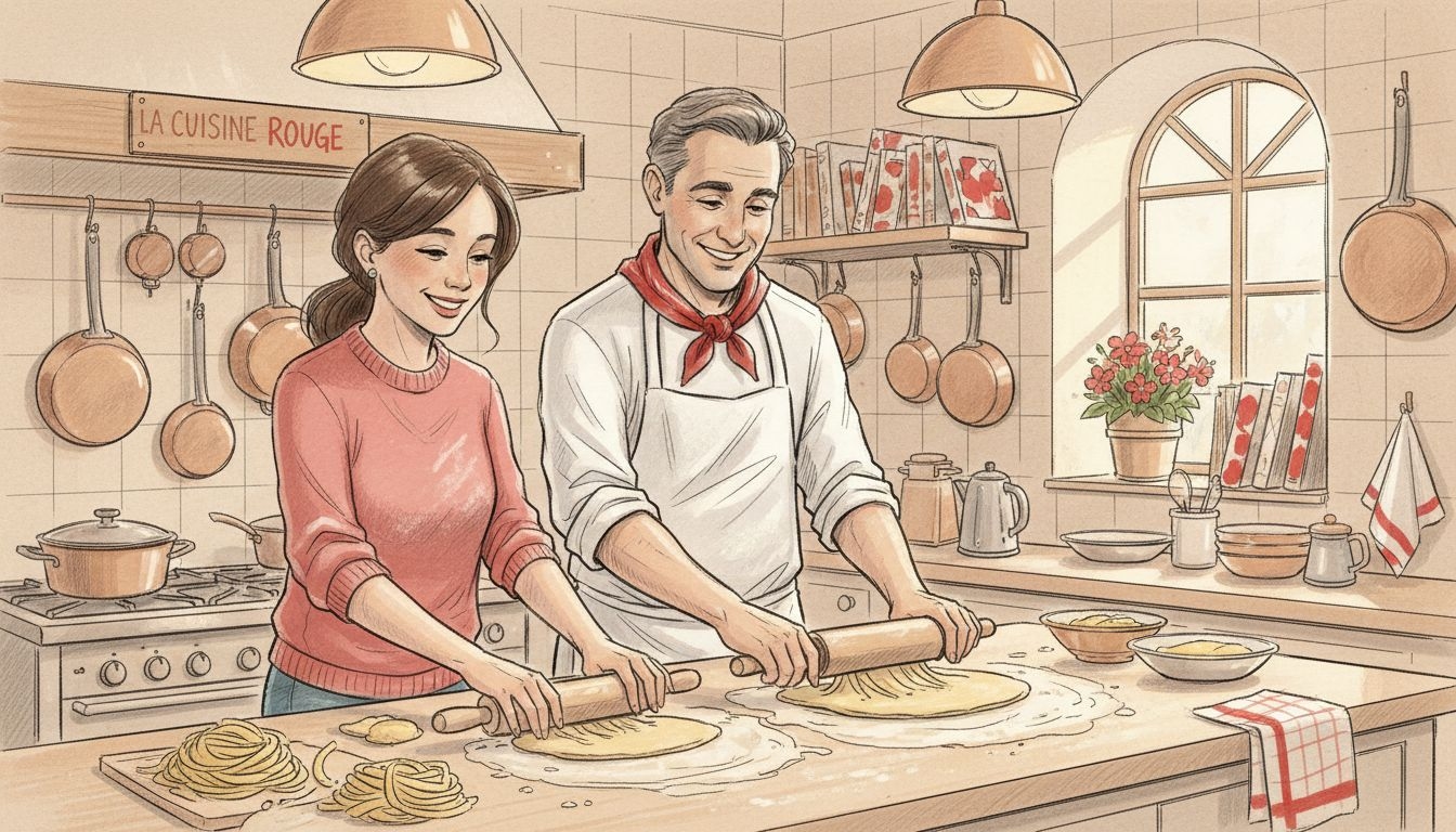 Chef guiding couple in Paris kitchen