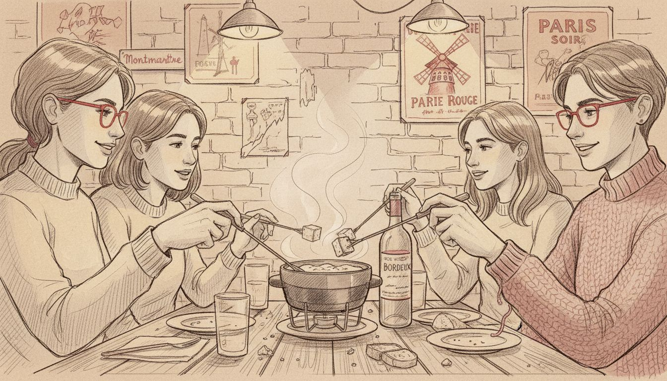 Friends sharing cheese fondue in restaurant