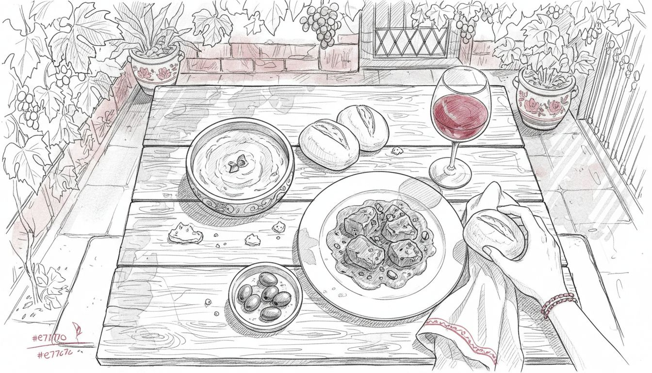 Traditional Sevillian dishes on rustic table