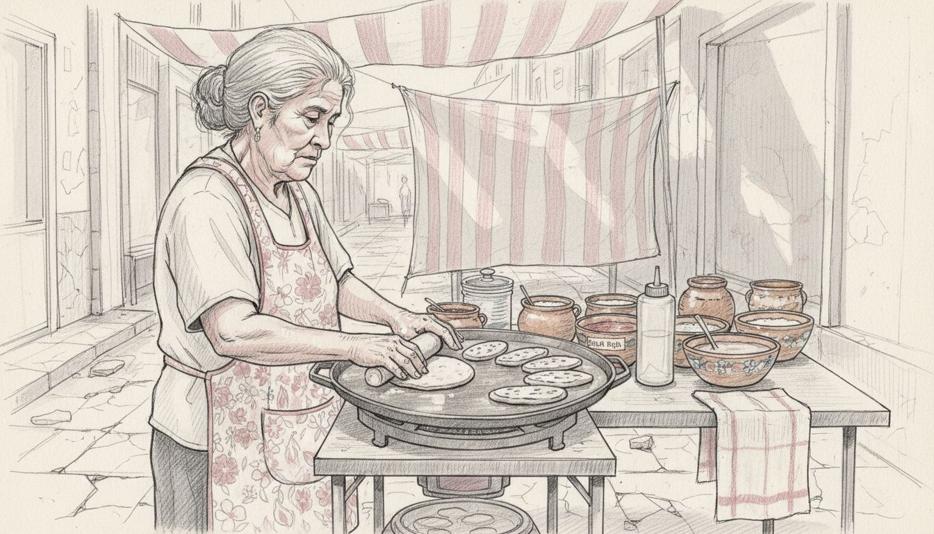 Woman preparing tlacoyos at market stand