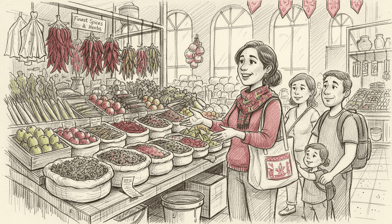 Guide explains local market produce to tourists