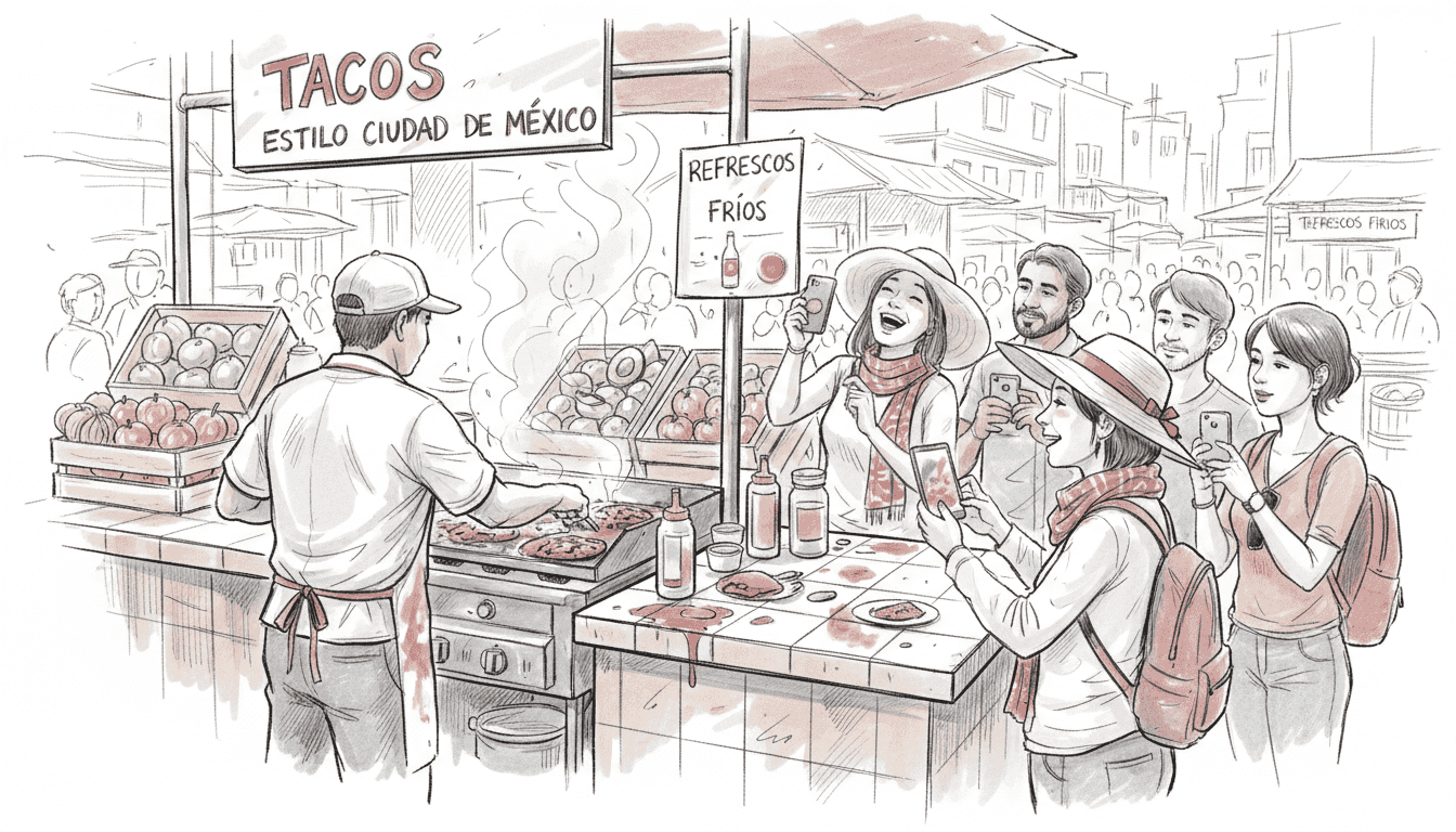 Tourists photographing food at local market stand