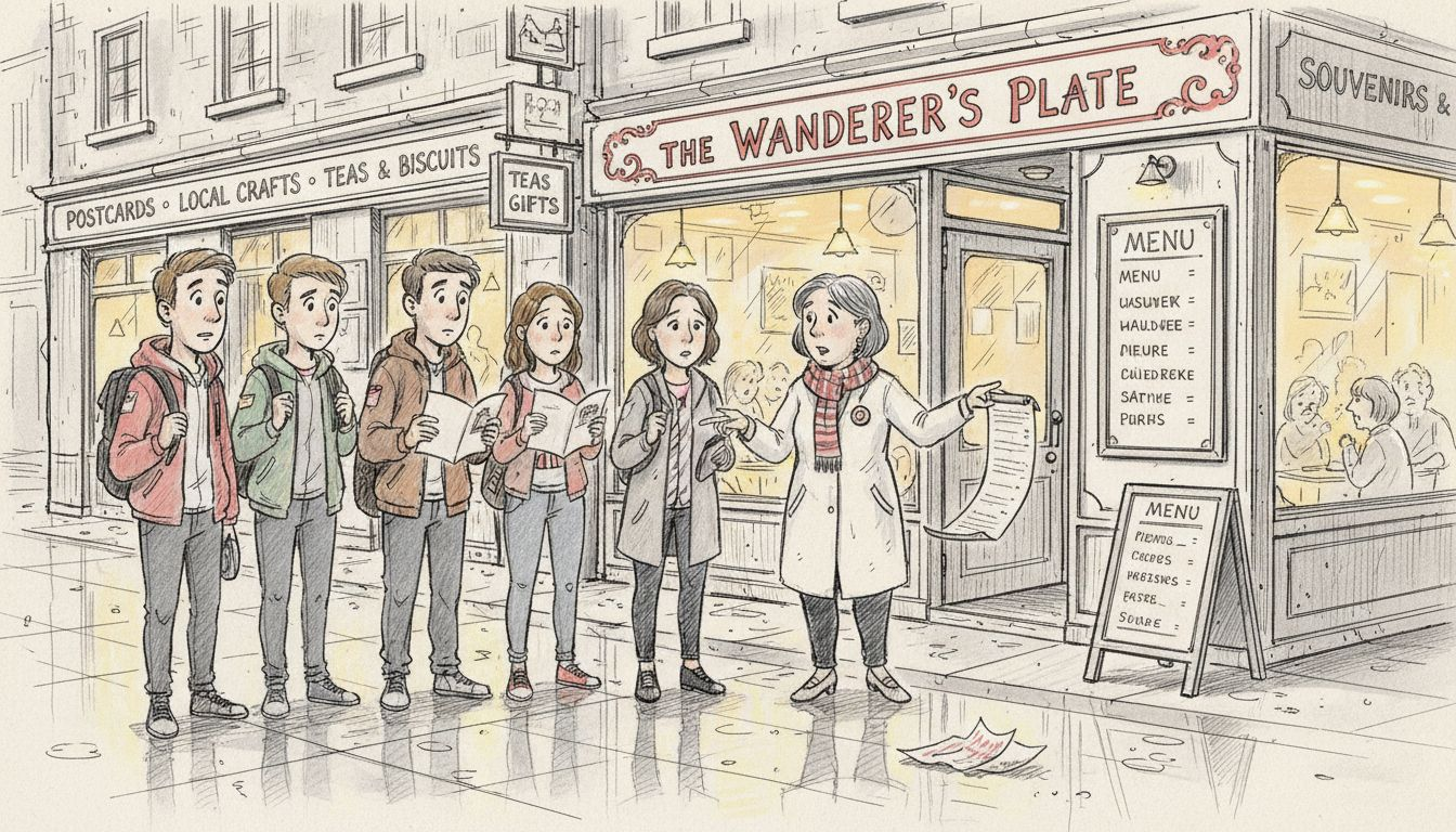 Tourists at busy restaurant with souvenir signs