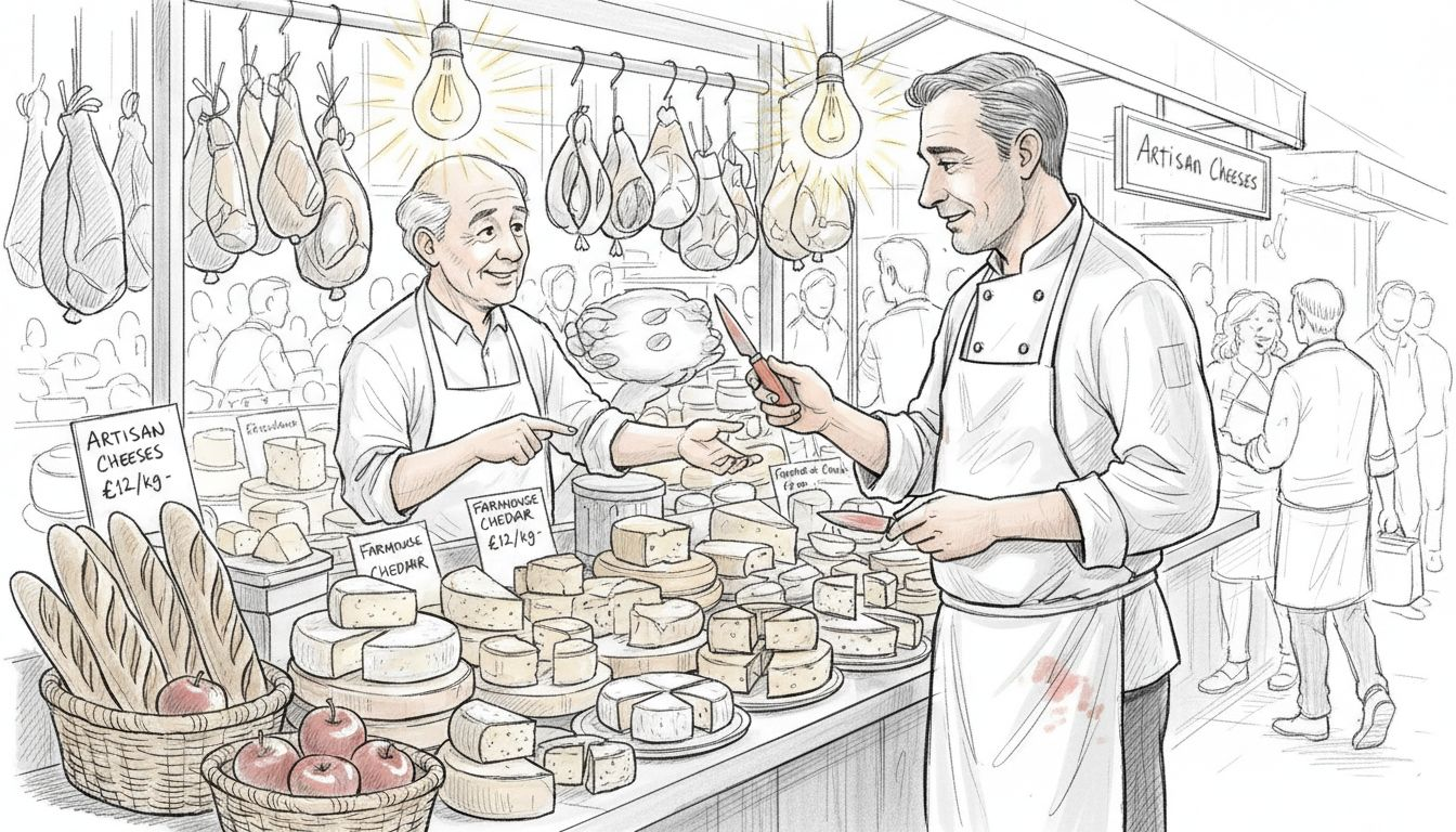 Chef chatting with vendor at local market cheese stall