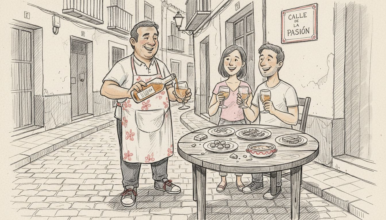 Chef pours sherry for tourists at tapas table