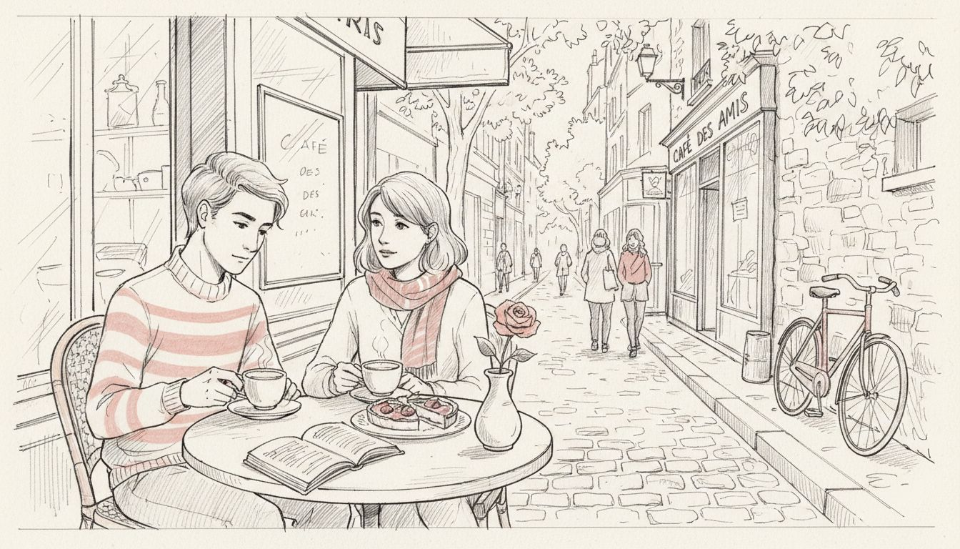 Friends at Le Marais café with cobbled street