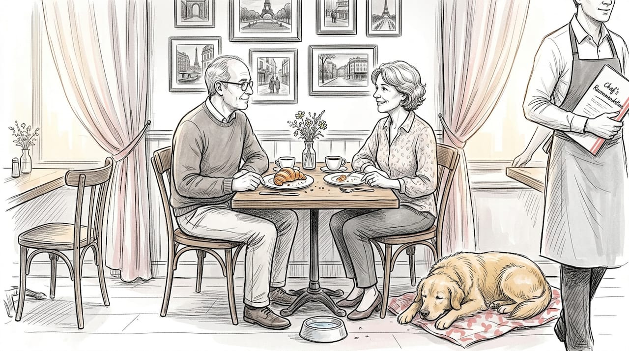 Couple dining with dog in Paris restaurant