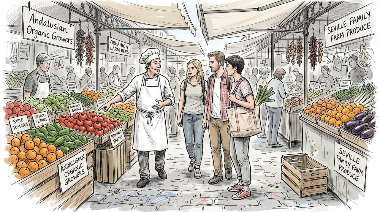 Chef guiding travelers at bustling local market