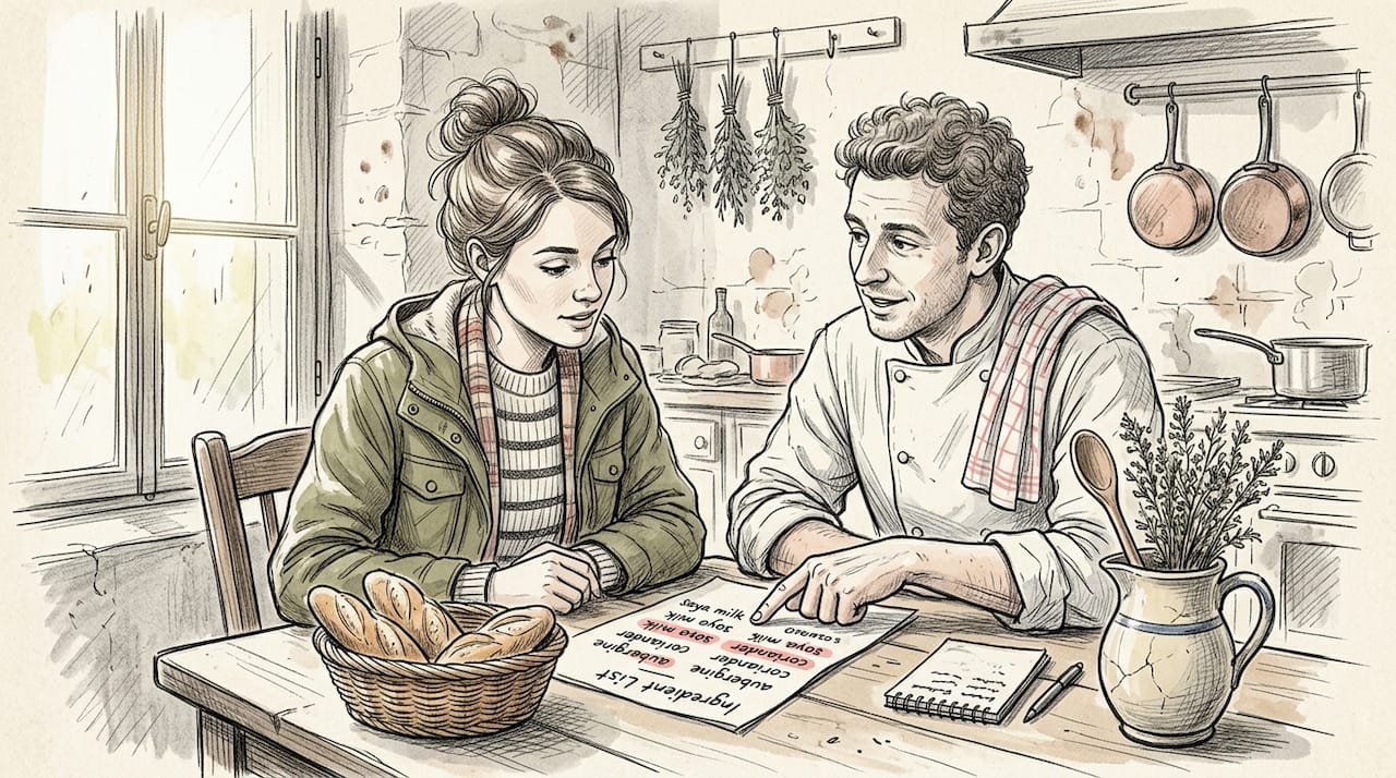 Chef reviews ingredients with vegan guest