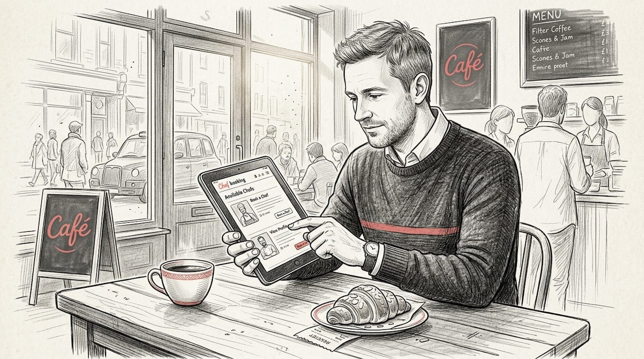 Man booking chef tasting at café table