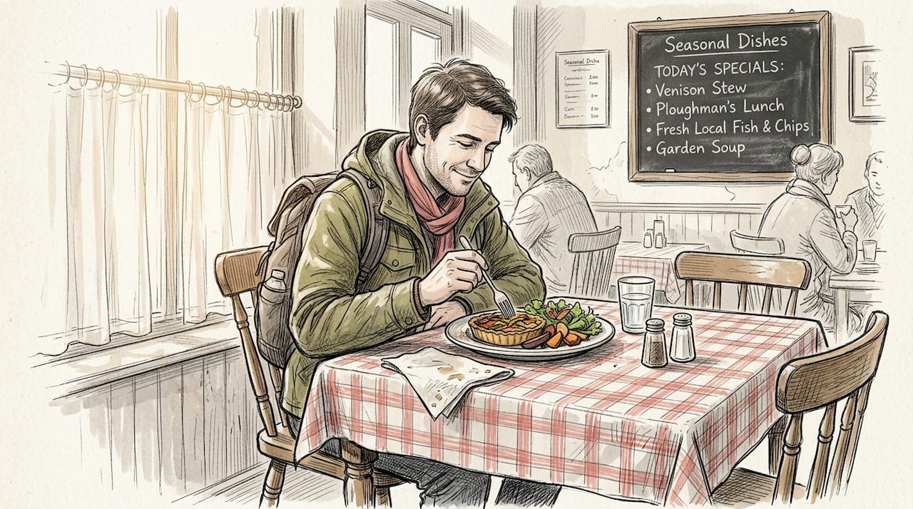 Traveler sampling local café specialty dish