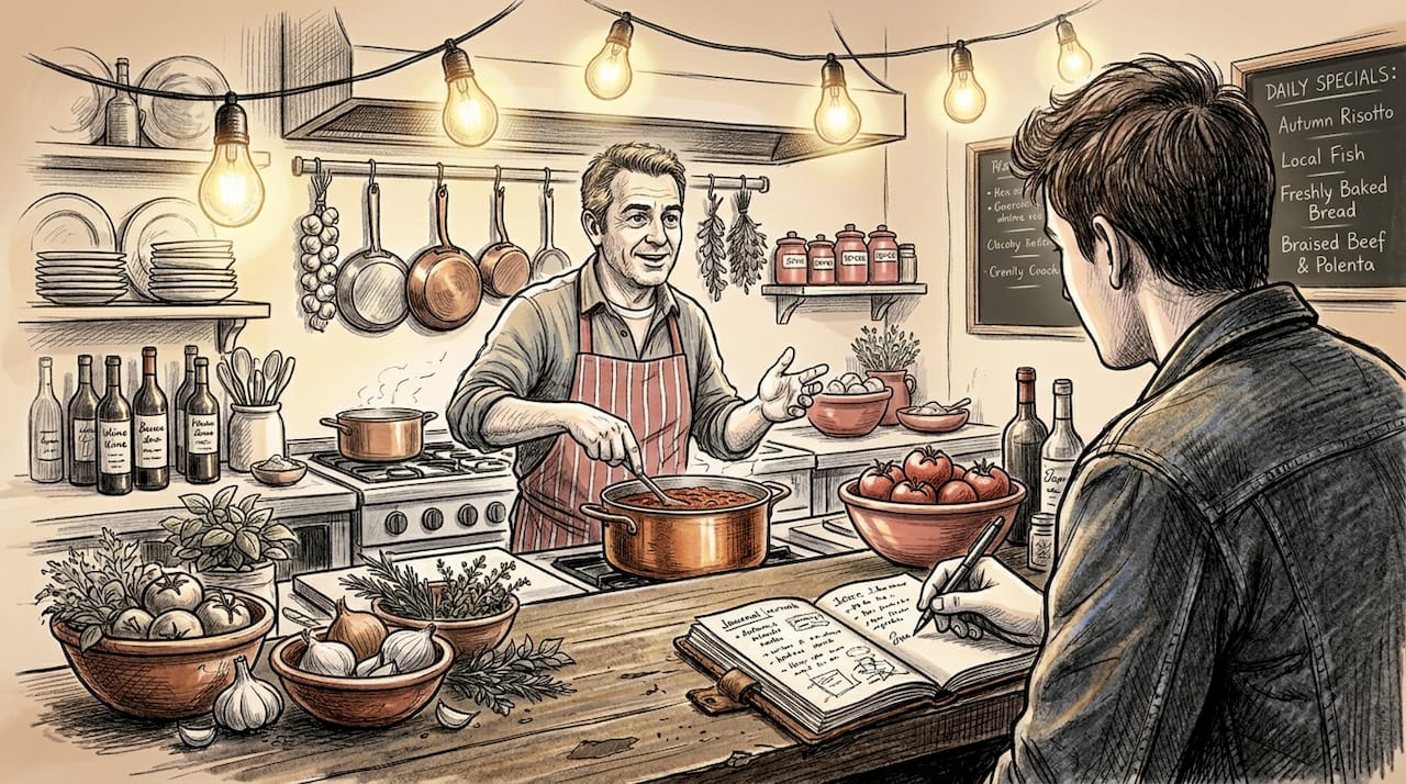 Chef cooking with traveller in local kitchen