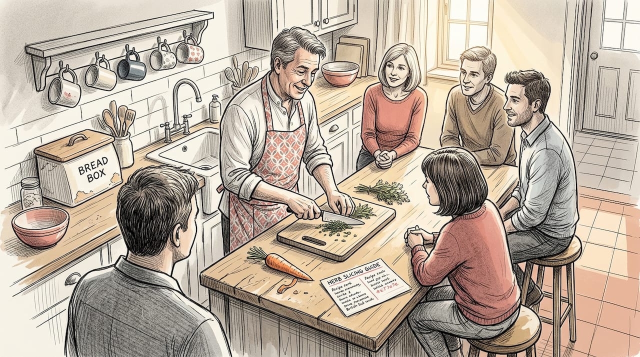 Chef teaching guests in a cozy home kitchen