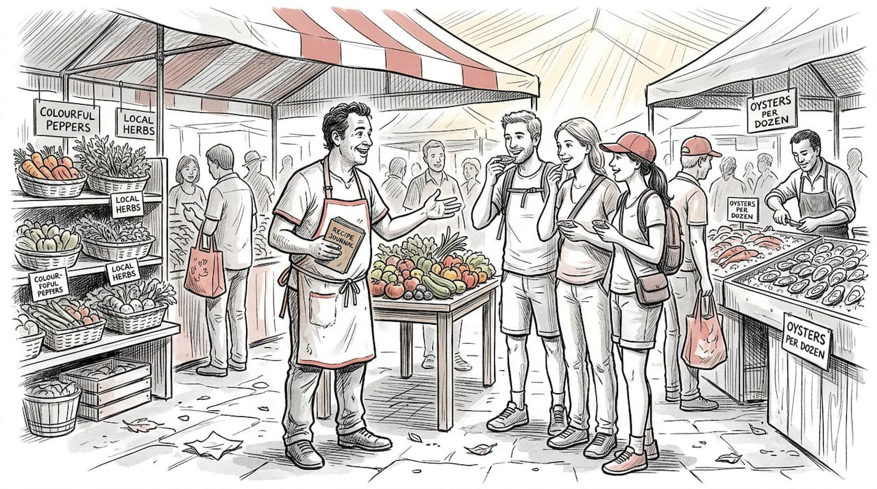 Chef guiding travelers at New Orleans market