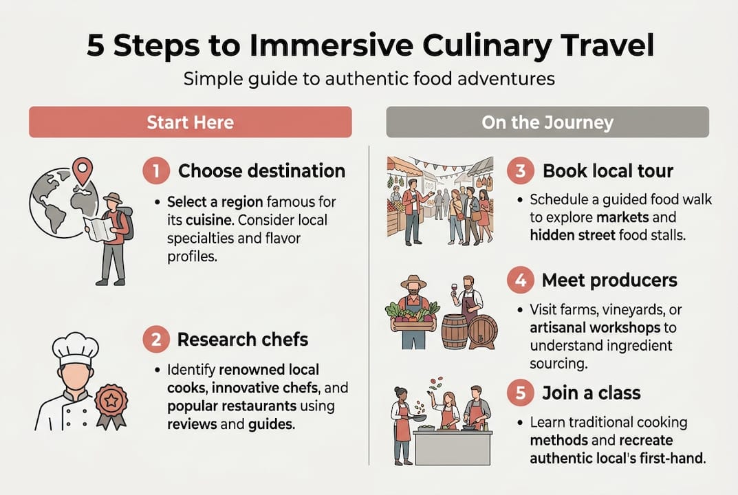 Infographic showing 5 steps to immersive culinary travel
