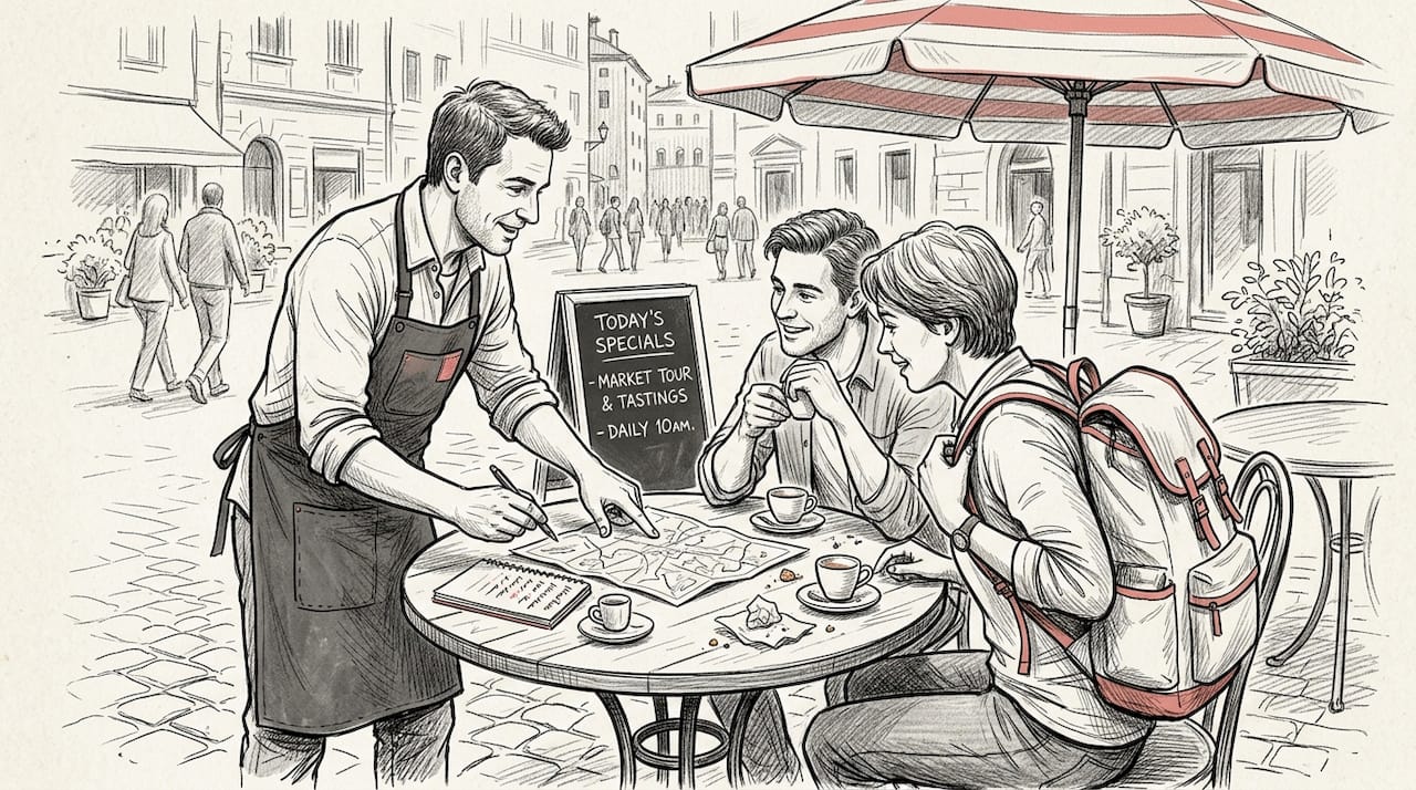 Travelers meeting chef at cafe table