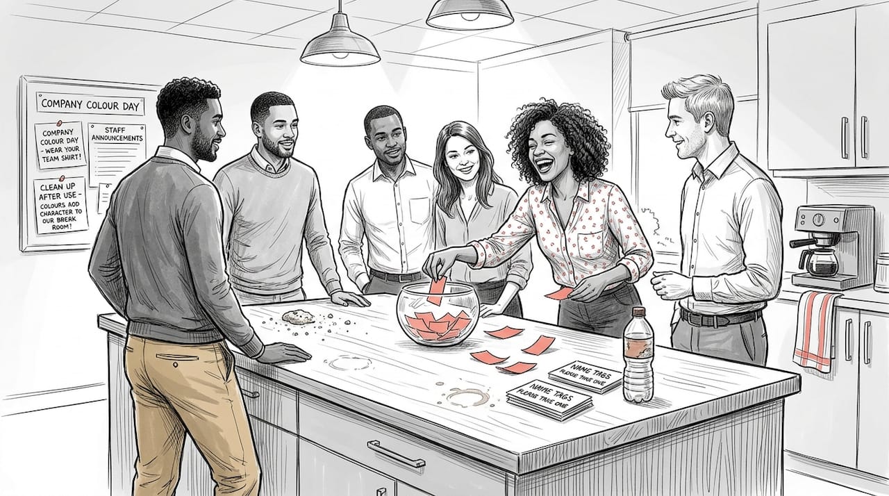 Colleagues forming groups in company kitchen