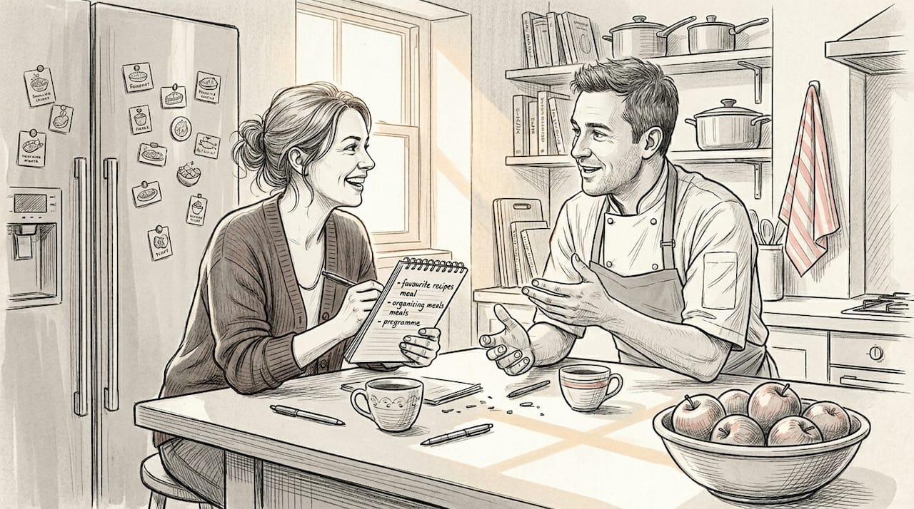 Chef and guest discussing meal plans at home