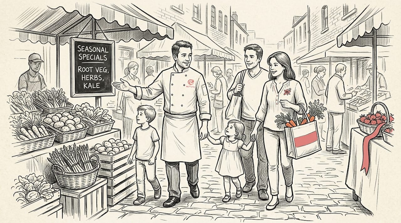 Chef guiding family in city market tour