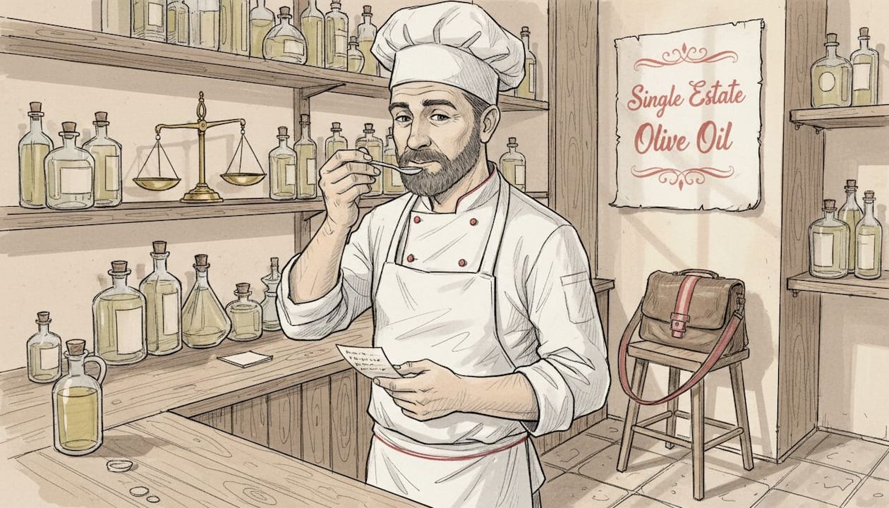 Chef tasting olive oil in local shop