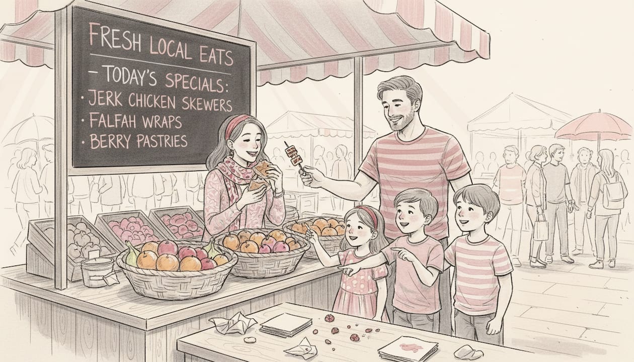 Family sampling food at lively street market