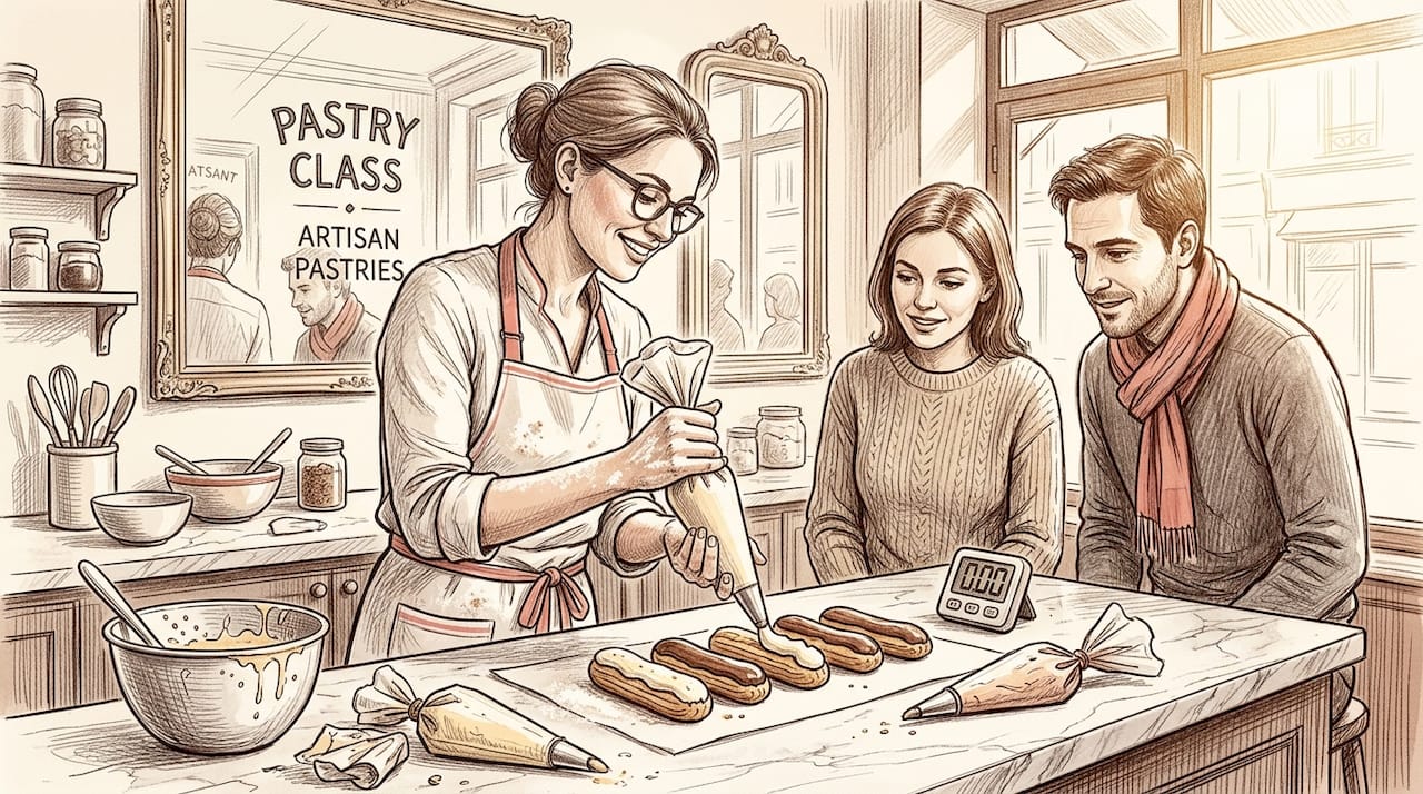 Pastry chef demonstrating eclair techniques in Paris