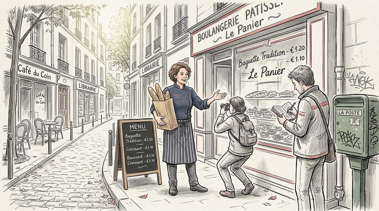 Chef with travelers on Paris bakery street