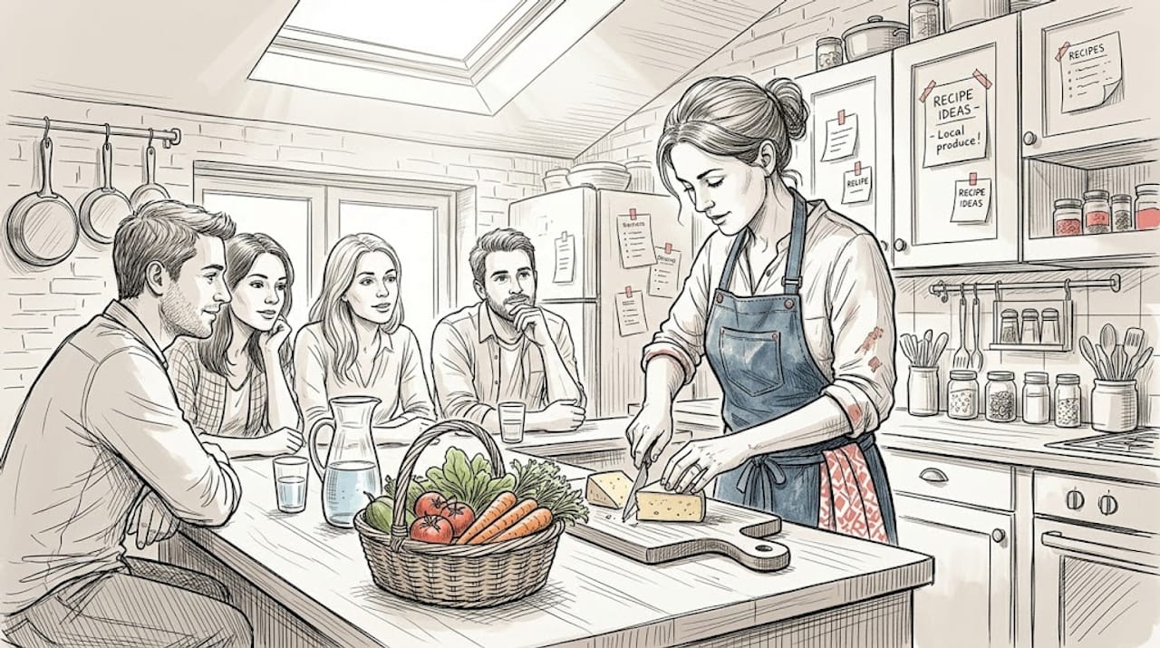 Chef teaches travelers at urban kitchen counter
