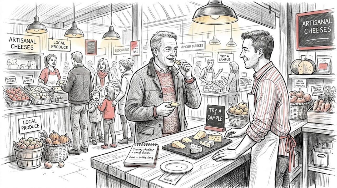 Man sampling cheese at busy local market
