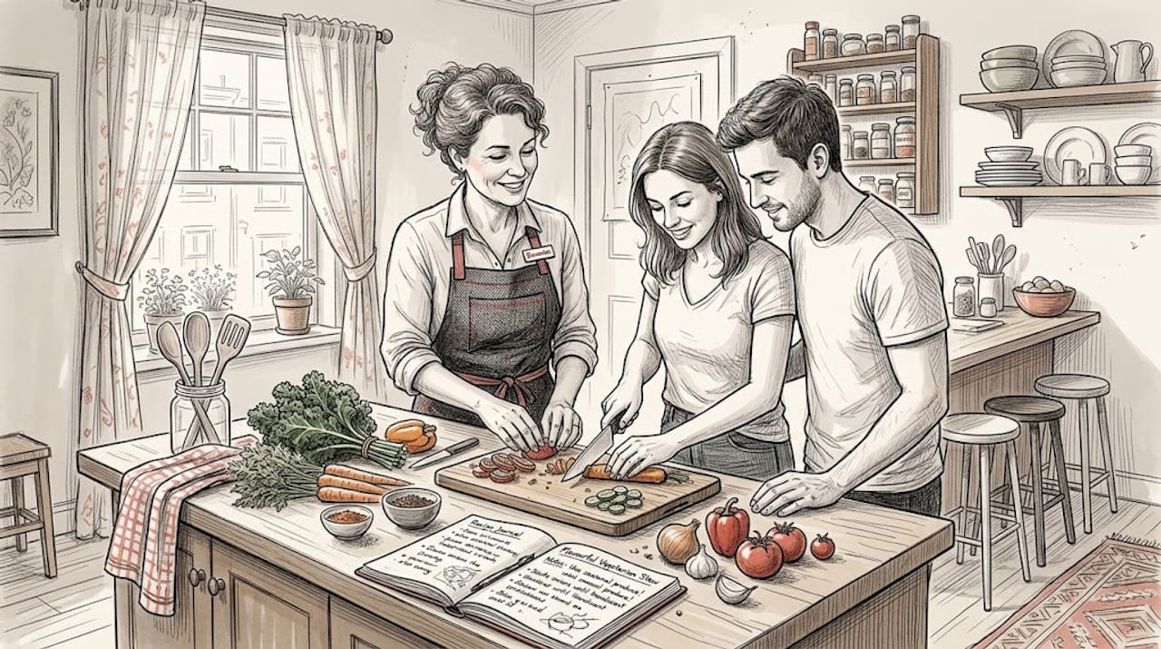 Chef and guests preparing food together