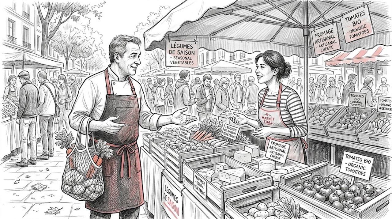 Chef choosing ingredients at busy outdoor market