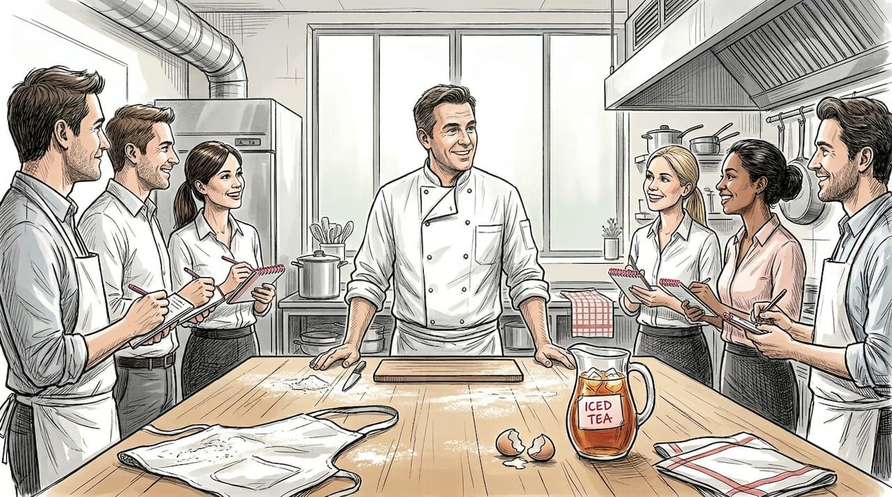 Chef guiding corporate group in kitchen