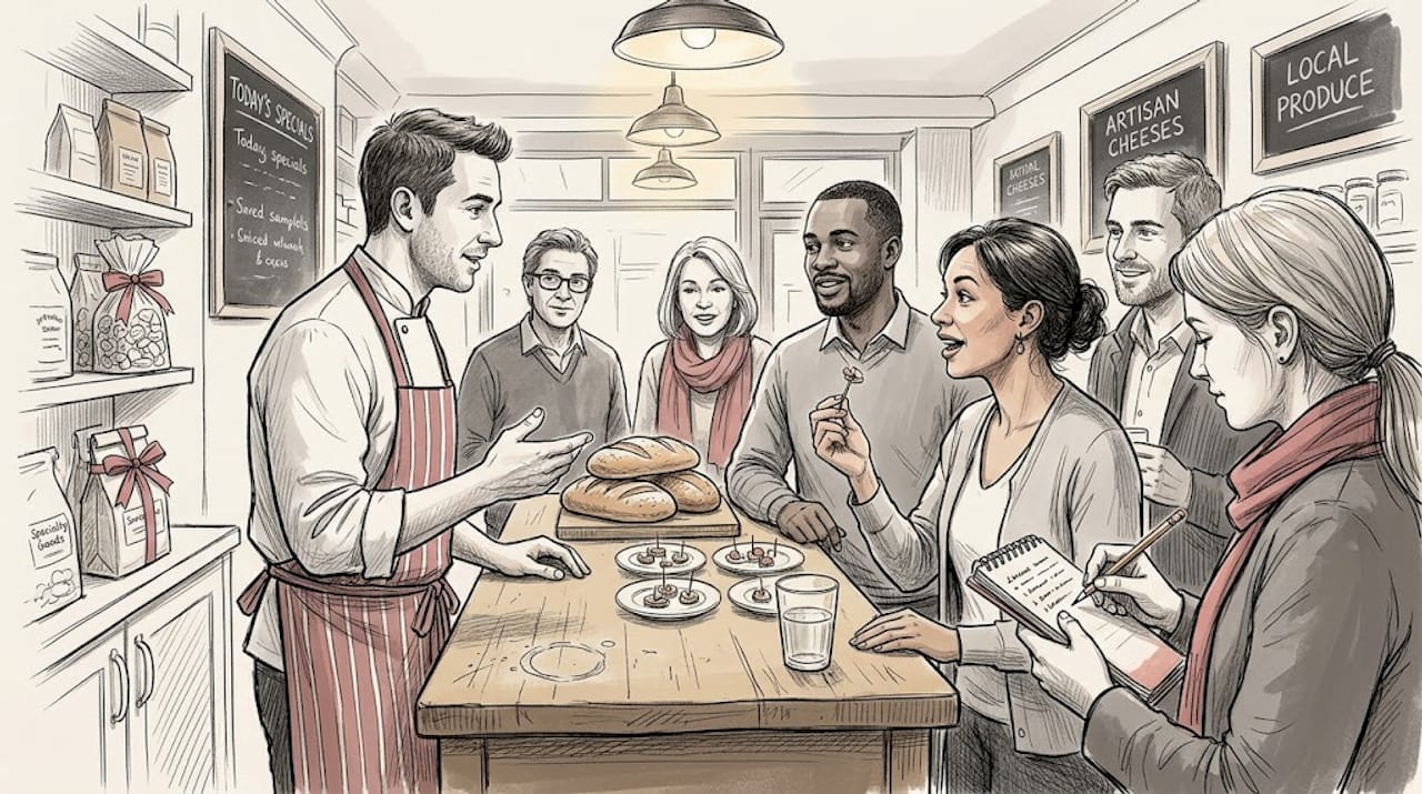 Chef presenting tasting in cozy delicatessen