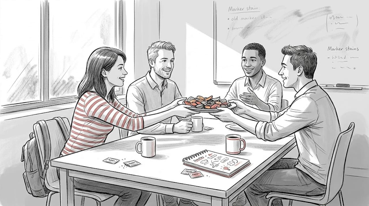 Team passing food at break-room table