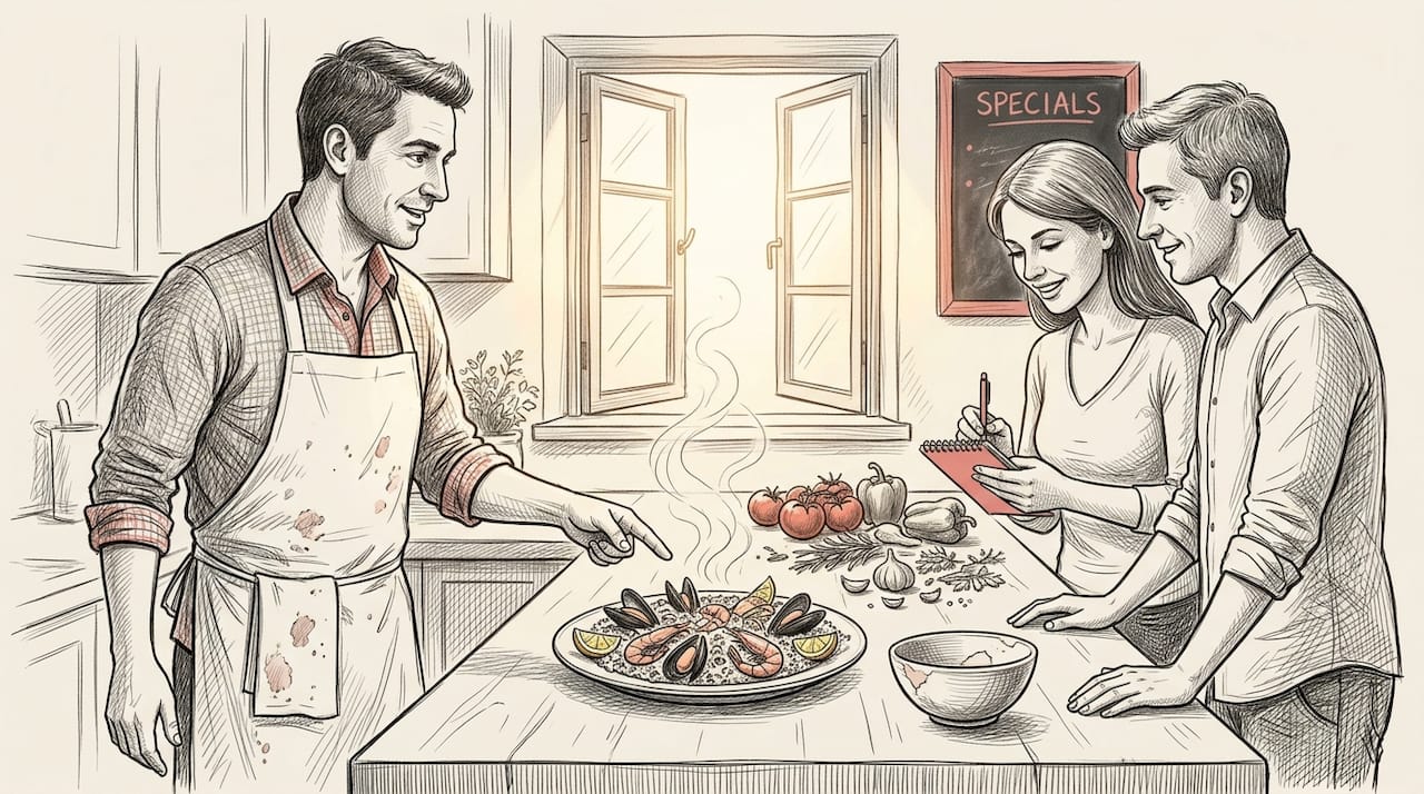 Chef explains paella to engaged guests