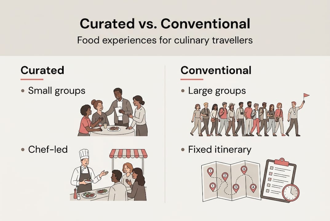 Infographic comparing curated and conventional food tours