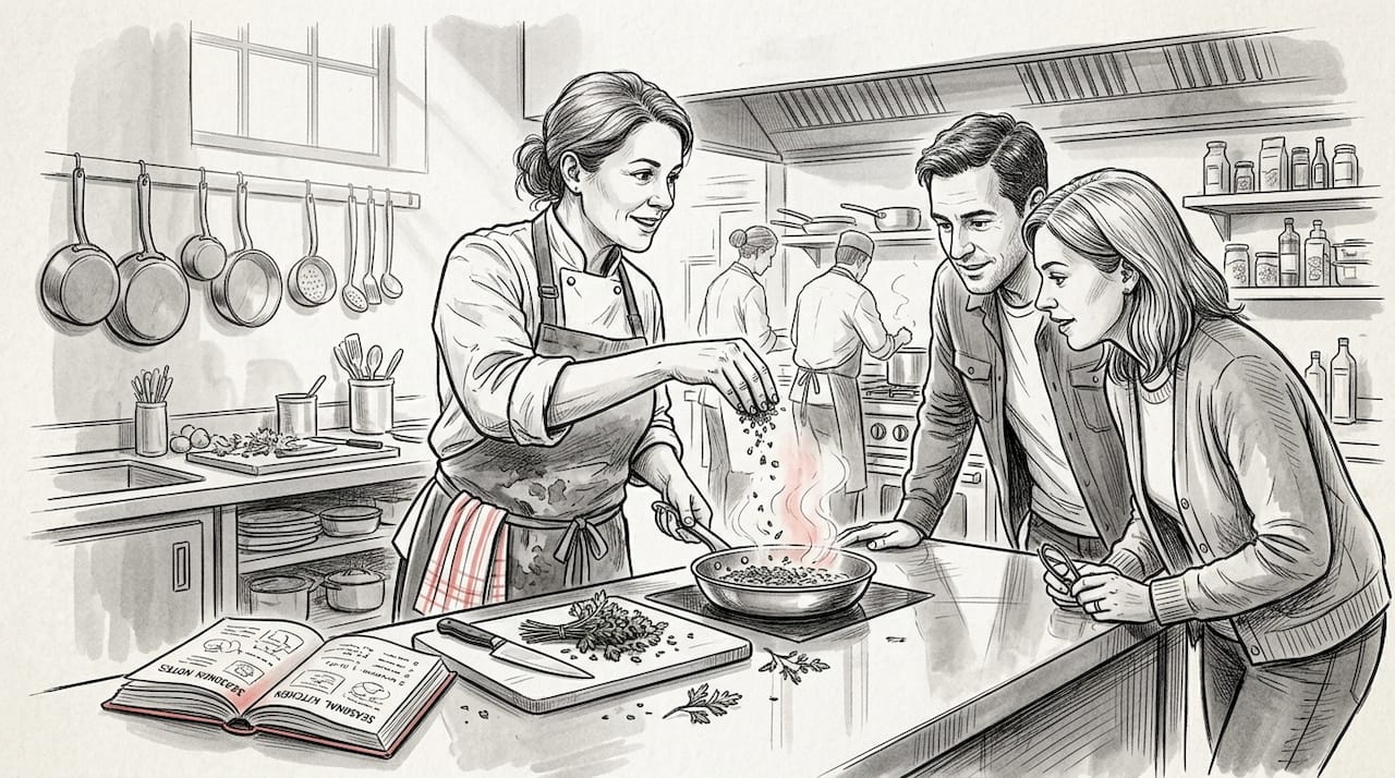 Chef teaching travelers kitchen techniques