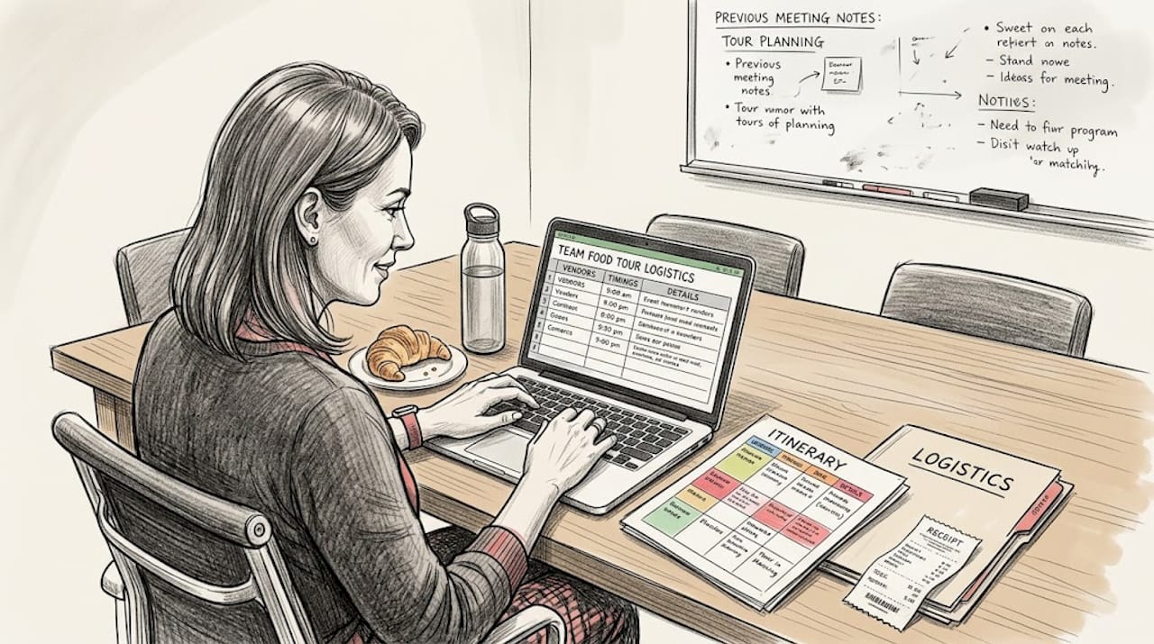 Coordinator planning team food tour with laptop