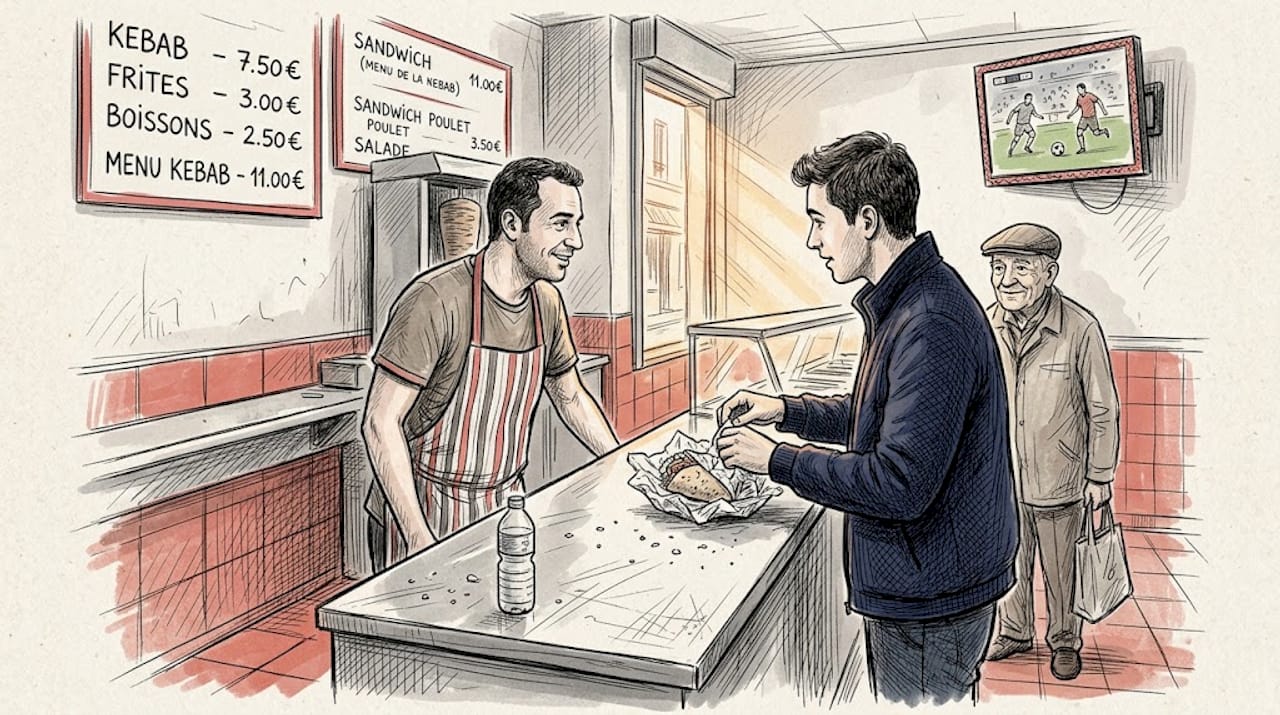 Customer unwraps kebab at Paris shop