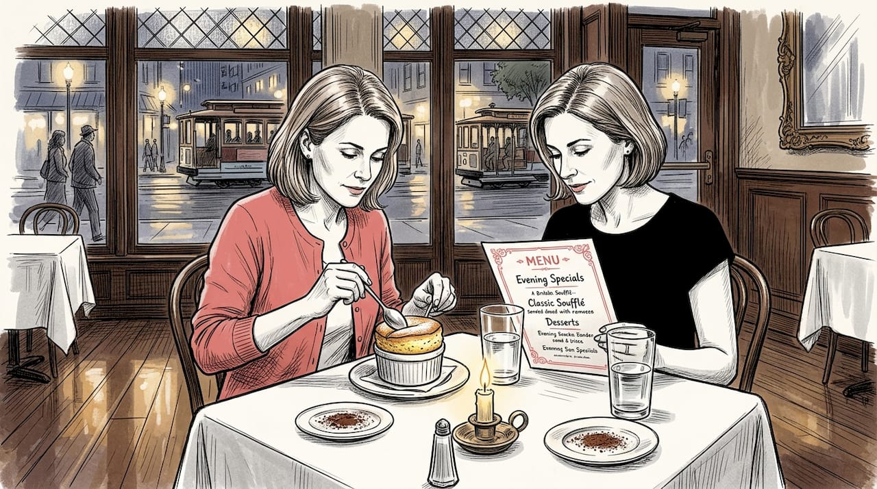 Women sharing soufflé at vintage restaurant table